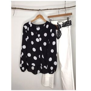Black and White Polkadot Faux Wrap Blouse